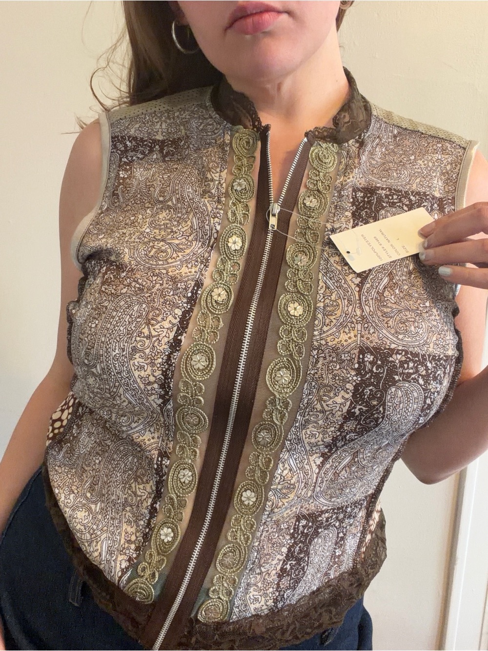 Vintage Y2K NWT Brown Paisley Zip Up Tank with Crochet, lace and sequin accents